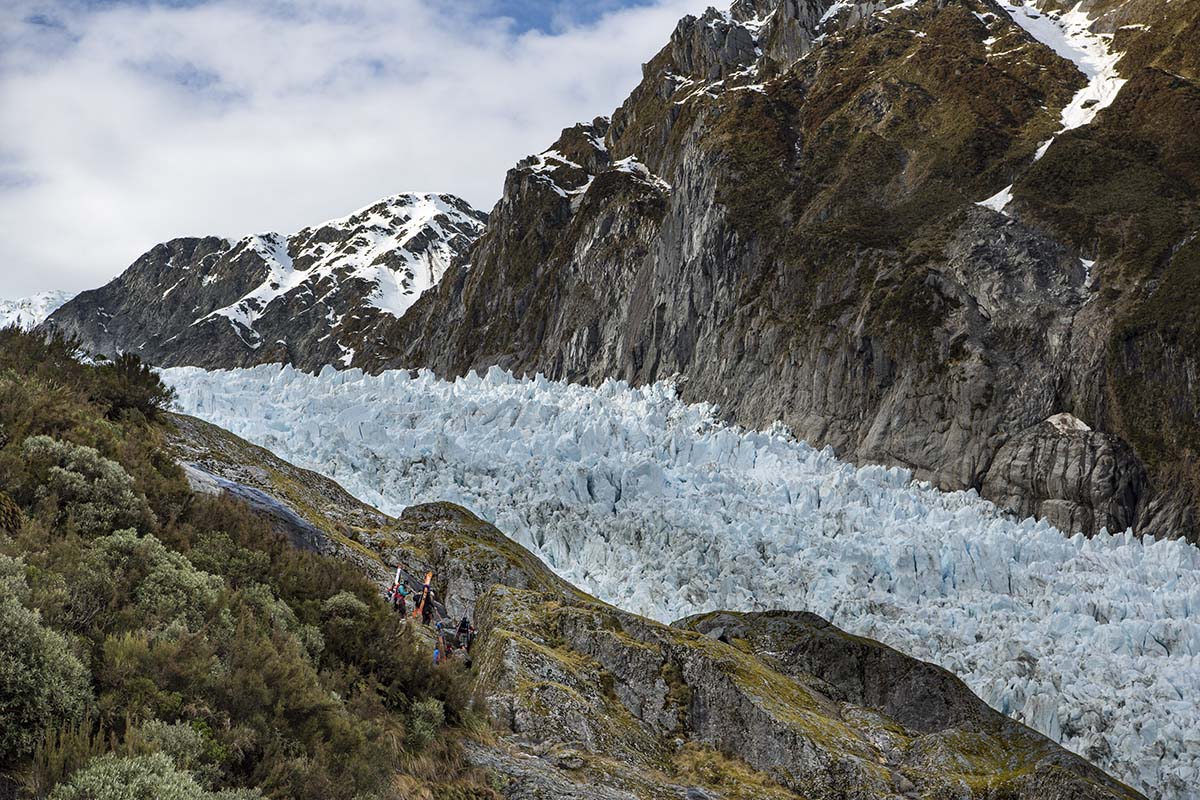 The team make their way down the Fox Glacier, photo by Mark Watson