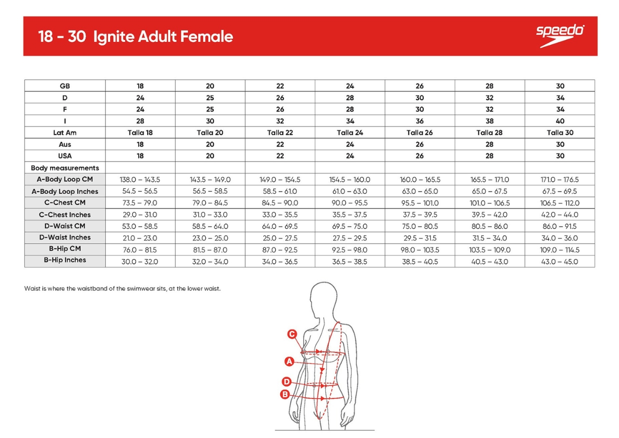 Female Fastskin Ignite Size Chart