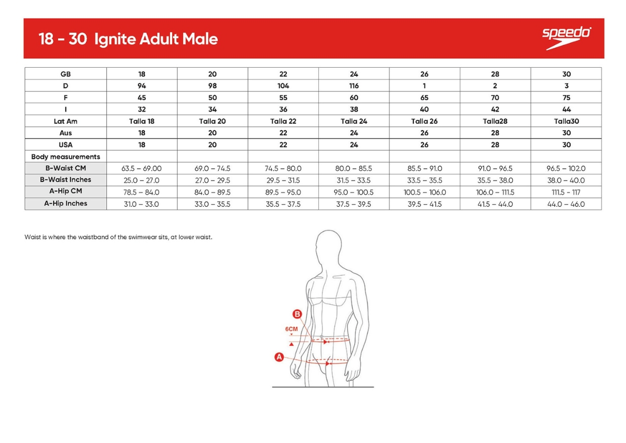 Male Fastskin Ignite Size Chart
